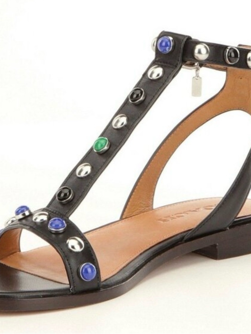 Coach Black Leather T‑Strap Sandals with Blue and Green Gem Accents 7 1/2